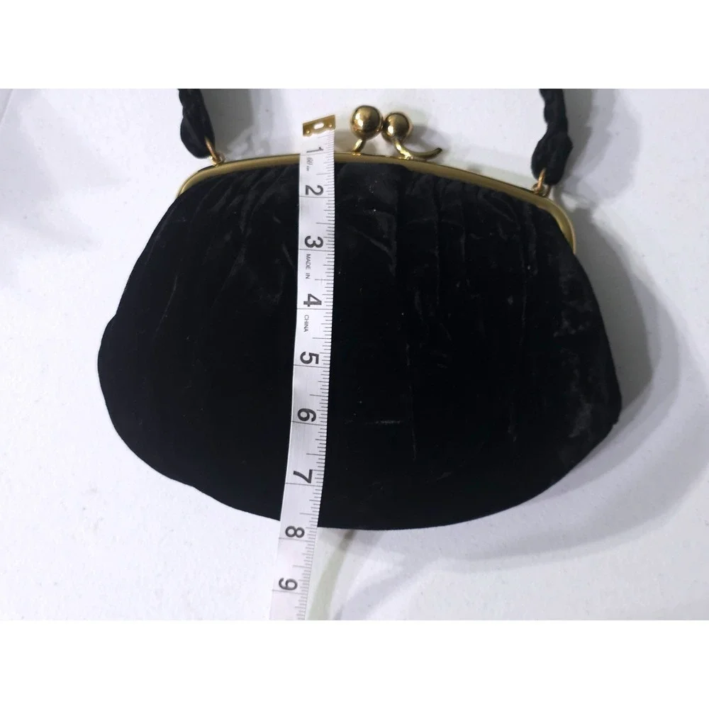 Vintage MM Black Velvet Evening Bag Gold Tone Kiss Lock Frame Top Handle Purse